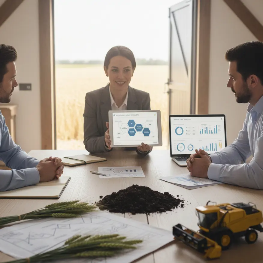 Three people discuss smart contracts and strategic planning in an agricultural setting.