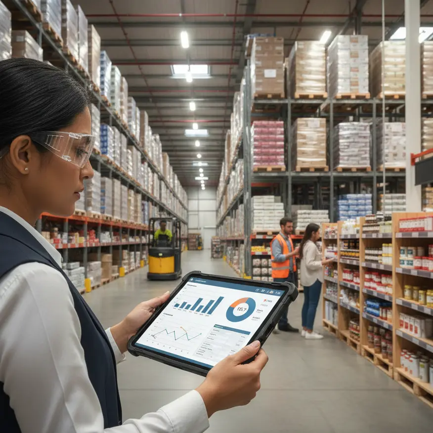 Analyst in a warehouse examining sales data on a tablet, with retail shelves visible in the background.