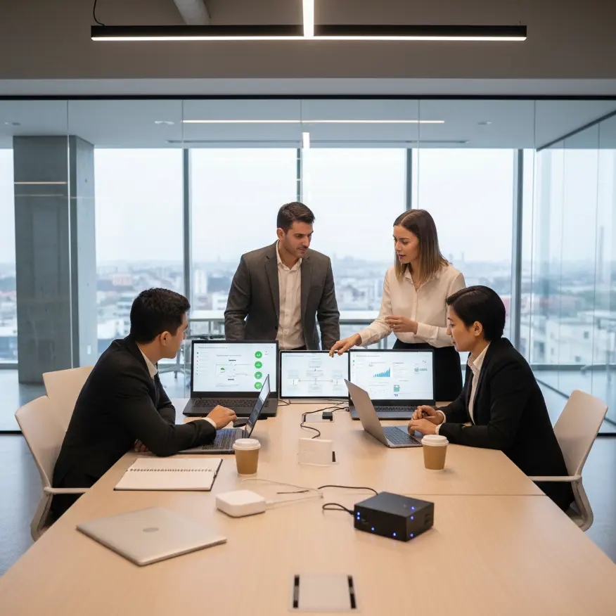 A team collaborates around a table with laptops displaying customized IoT and AIoT security and performance dashboards.