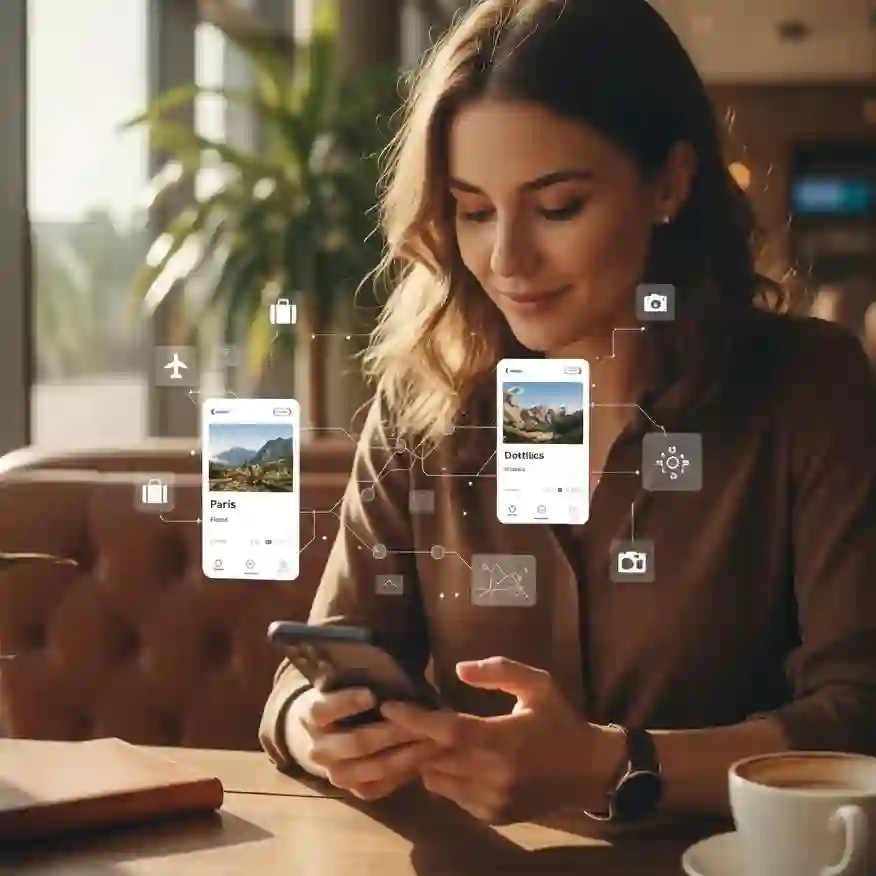 Professional image of a smiling traveler using a custom mobile app in an airport lounge, displaying a personalized trip itinerary and destination cards.