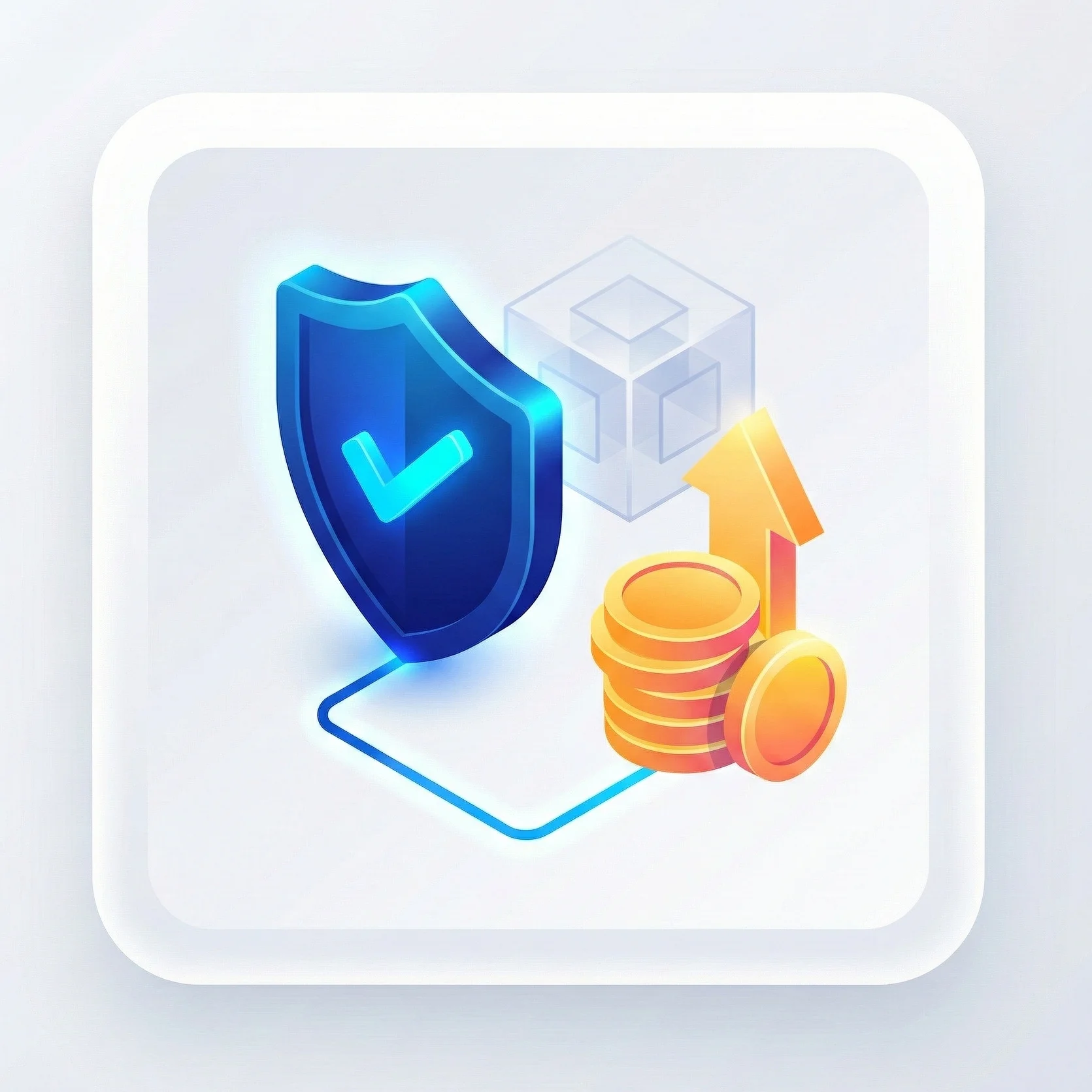 Isometric icon featuring a security shield connected to a stack of coins with an upward trend arrow, representing secure high-yield staking architecture.