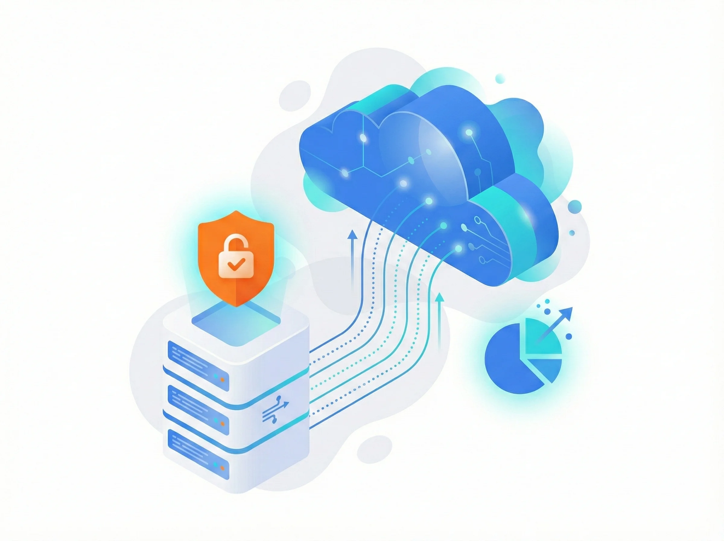 Vertical flat vector illustration depicting a cloud migration strategy, showing data transferring from an on-premise server to the cloud with security and analytics indicators.