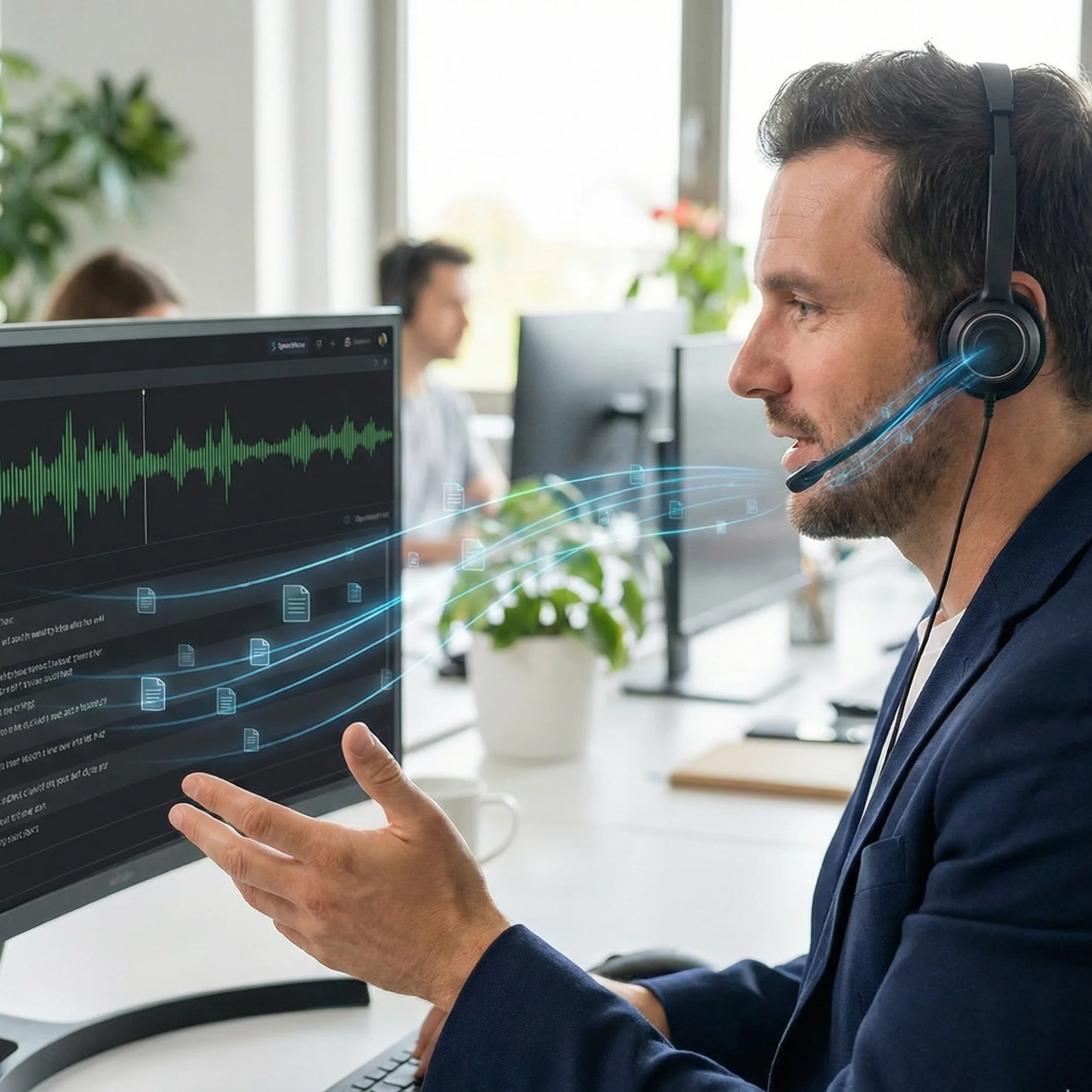 A professional wearing a headset speaks into a microphone while analyzing real-time audio waveforms and transcription data on a monitor, demonstrating speech recognition software development capabilities in a modern office.