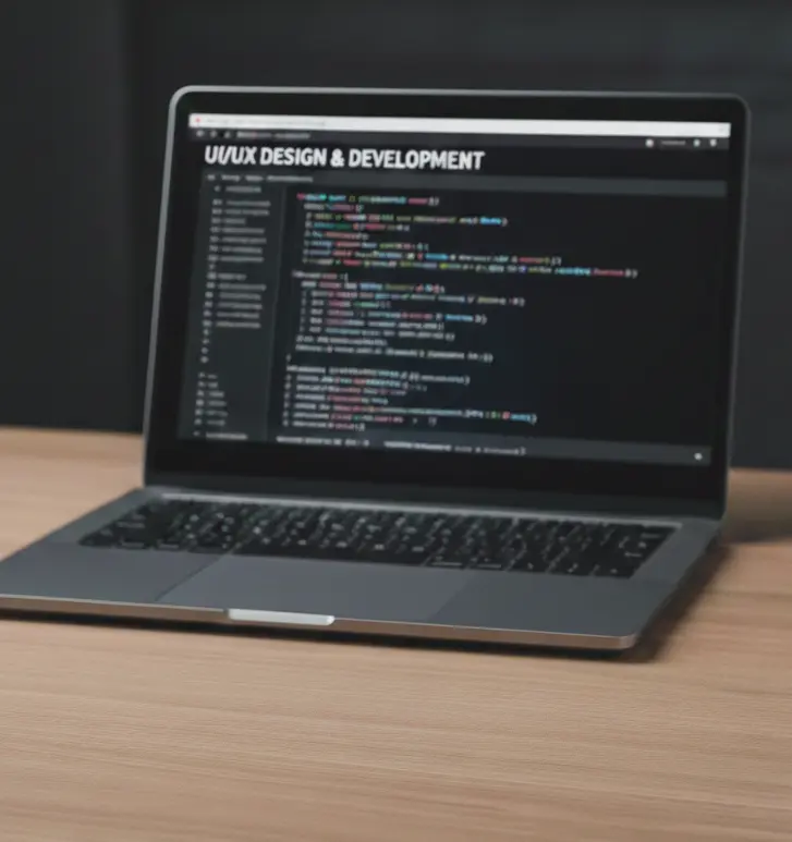 A close-up of a laptop on a wooden desk displaying "UI/UX DESIGN & DEVELOPMENT" with lines of code on the screen.