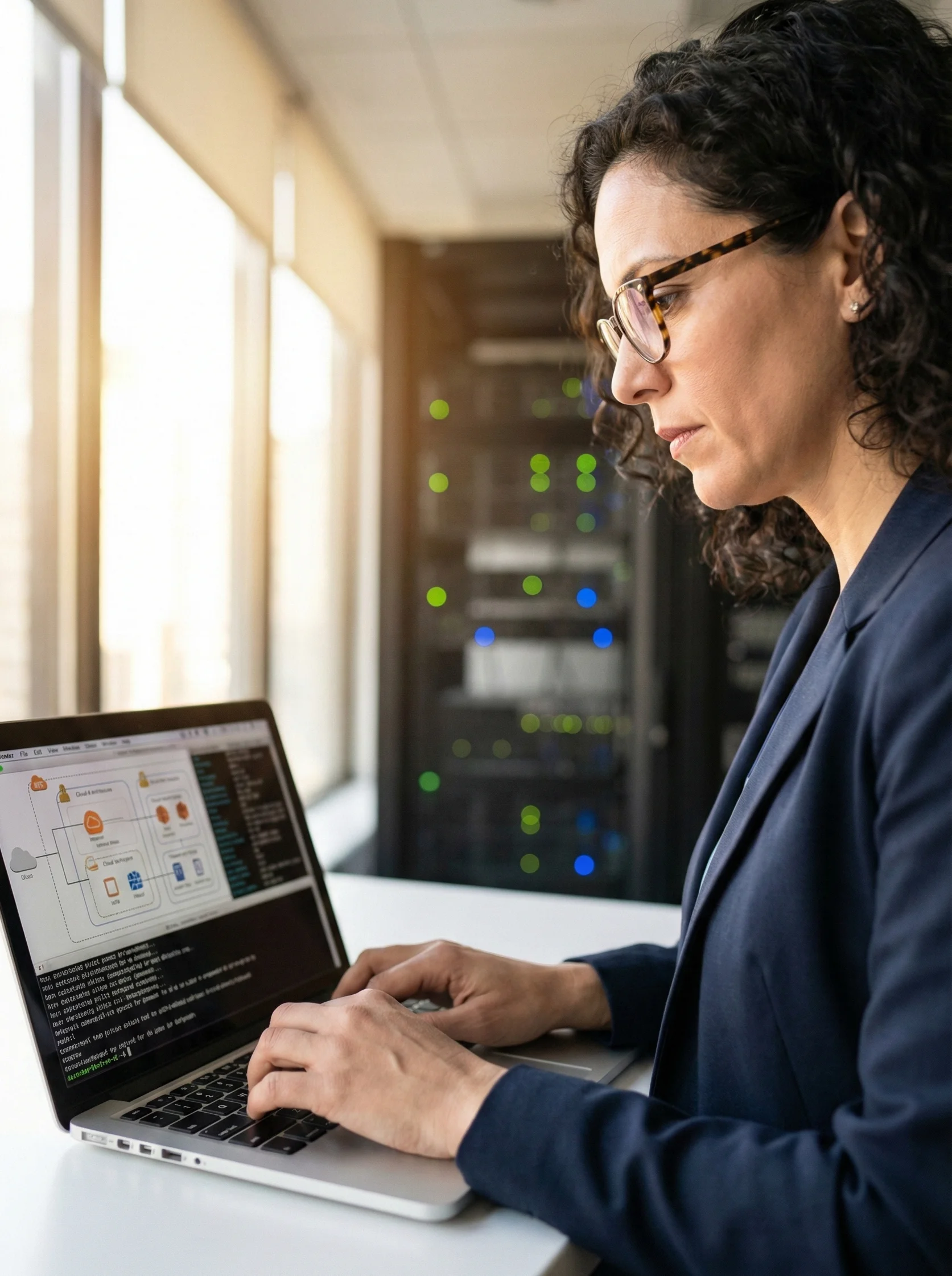 Female senior IT engineer with glasses, intently working on a laptop displaying cloud infrastructure diagrams, with a server rack room in the background. This represents professional cloud migration consulting services.