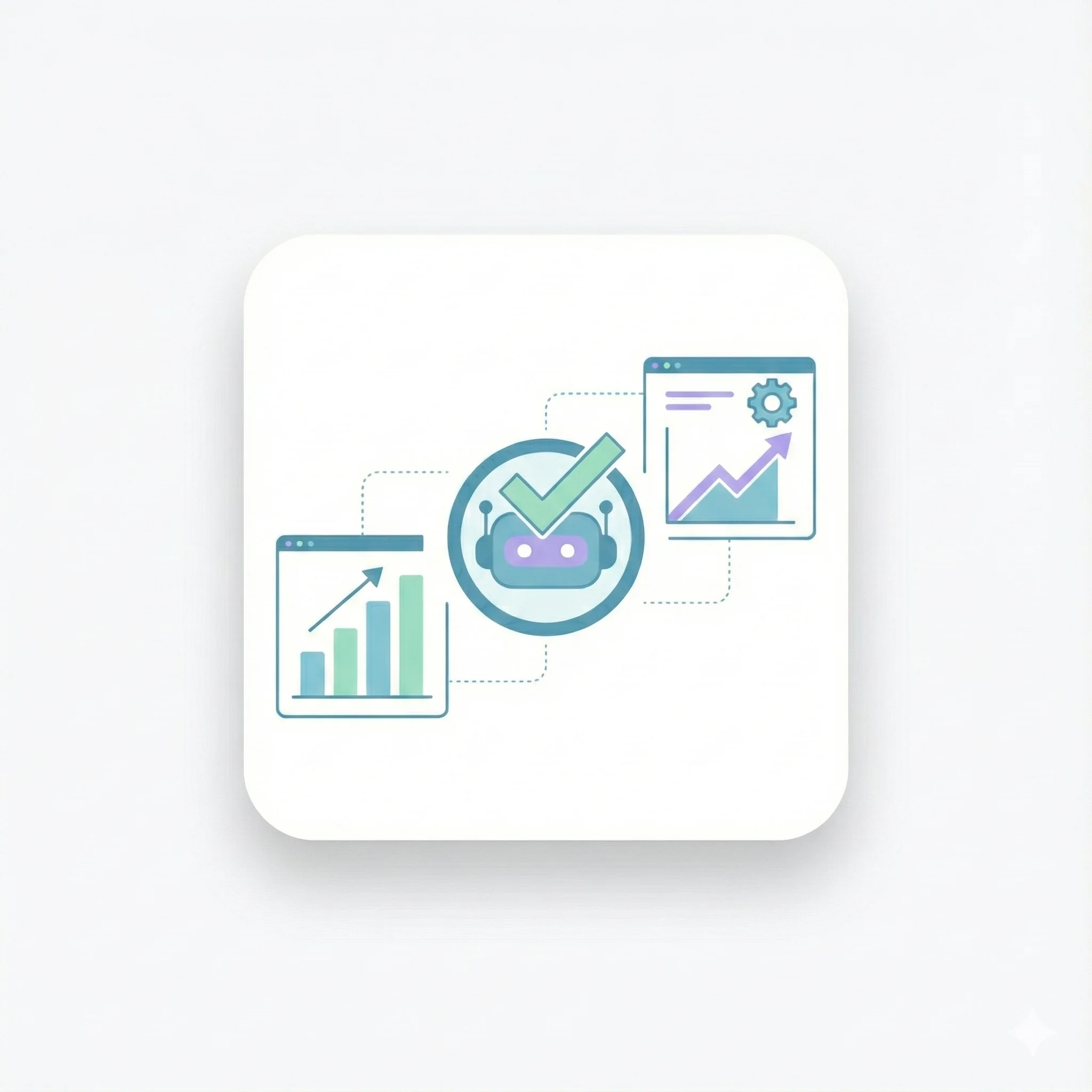 Vector illustration of an enterprise AI chatbot dashboard showing upward growth charts, automation gears, and a successful deployment checkmark.