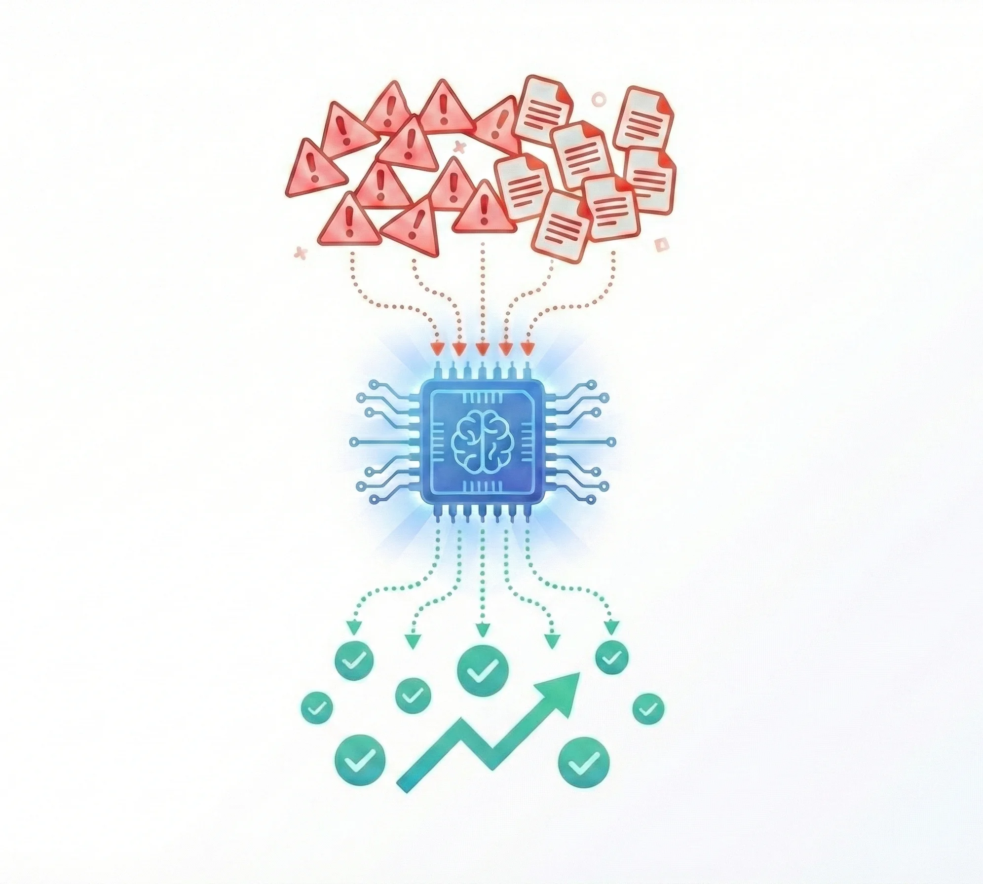 A modern, semi-flat tech illustration featuring a central glowing blue AI processor chip. On the left, a chaotic cloud of red warning triangles and disorganized log files flows into the processor. On the right, the processor outputs organized green checkmarks and a clean, upward-trending arrow graph. The illustration is contained within a soft teal and mint abstract organic shape, set against a solid white background.