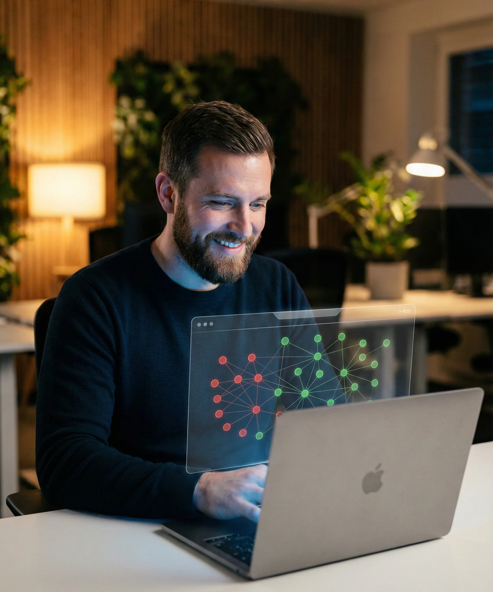 A professional male software engineer working on a laptop in a modern, dimly lit office. He smiles as he views a futuristic holographic overlay above his keyboard displaying a complex network topology map where red error nodes are actively turning green to symbolize self-healing AI.