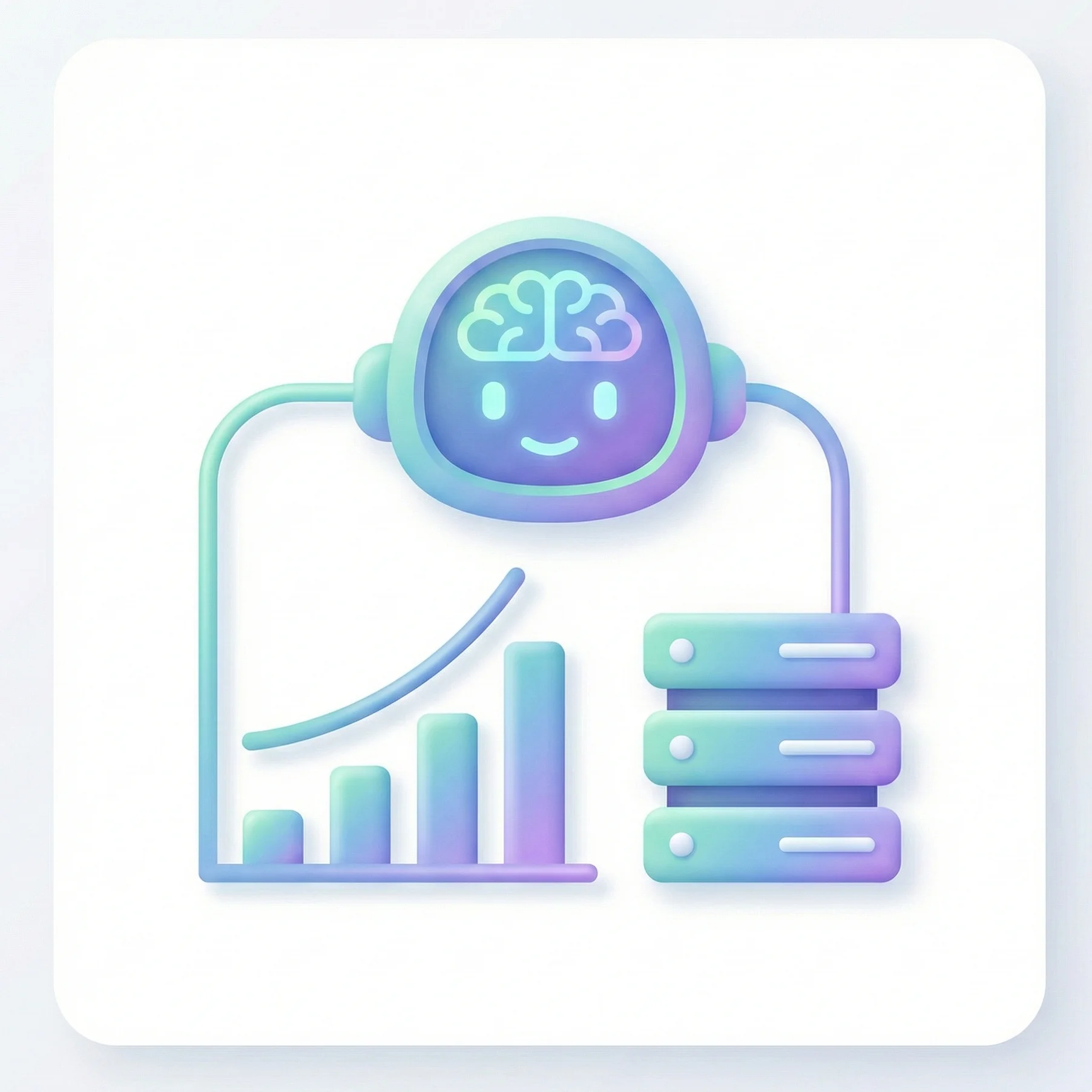 A clean, modern 3D icon set against a white background. The graphic features a stylized, friendly robot head connected to a rising bar chart and a server stack, rendered in soft teal, blue, and purple gradients to represent AI-driven analytics and automated repair.