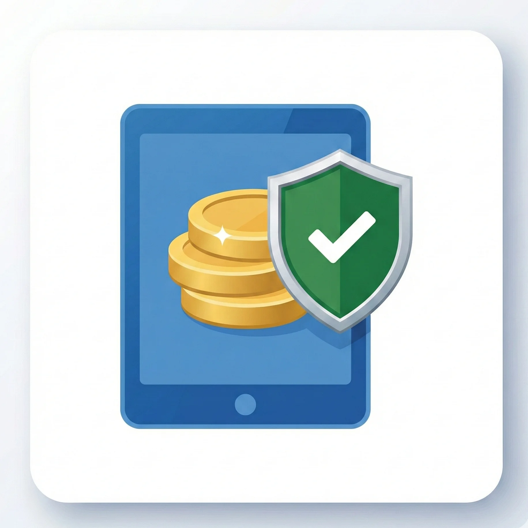 3D vector icon showing a stack of coins on a tablet with a green security checkmark, representing audited and certified transactions.