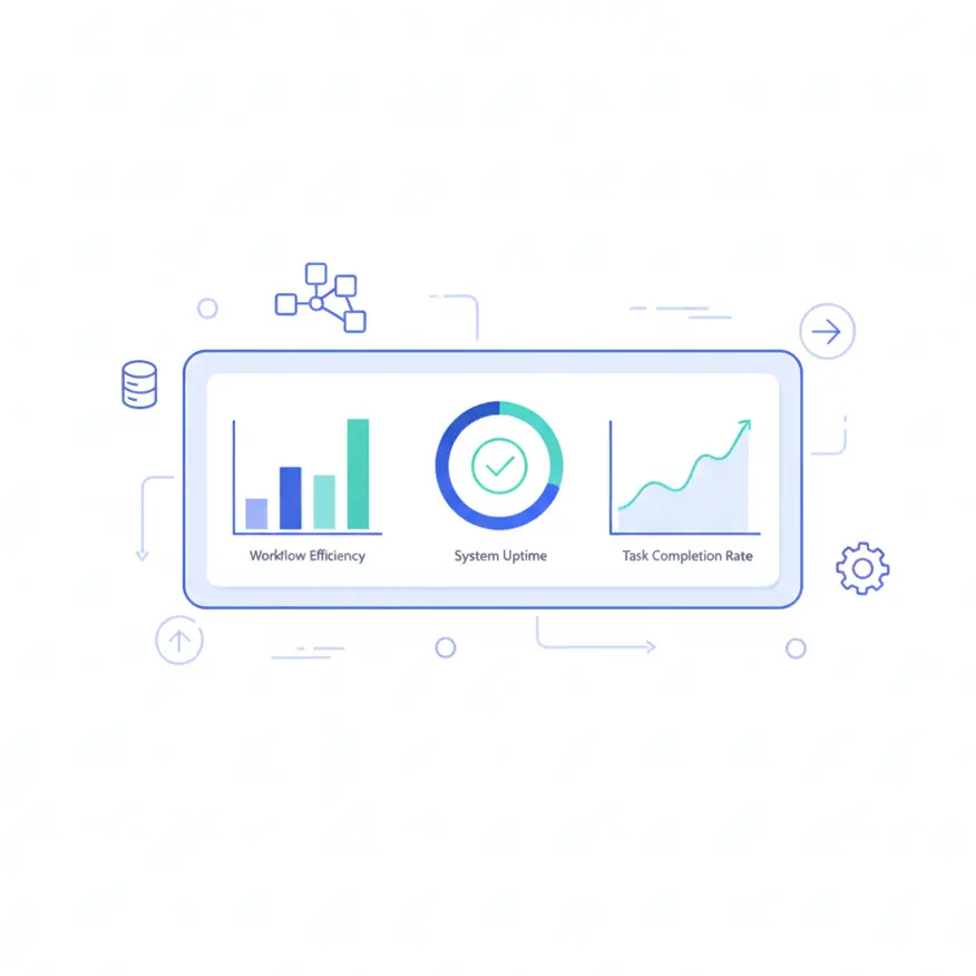 Modern SaaS illustration of a wide dashboard showing high automation success metrics and connected app icons on a white background.