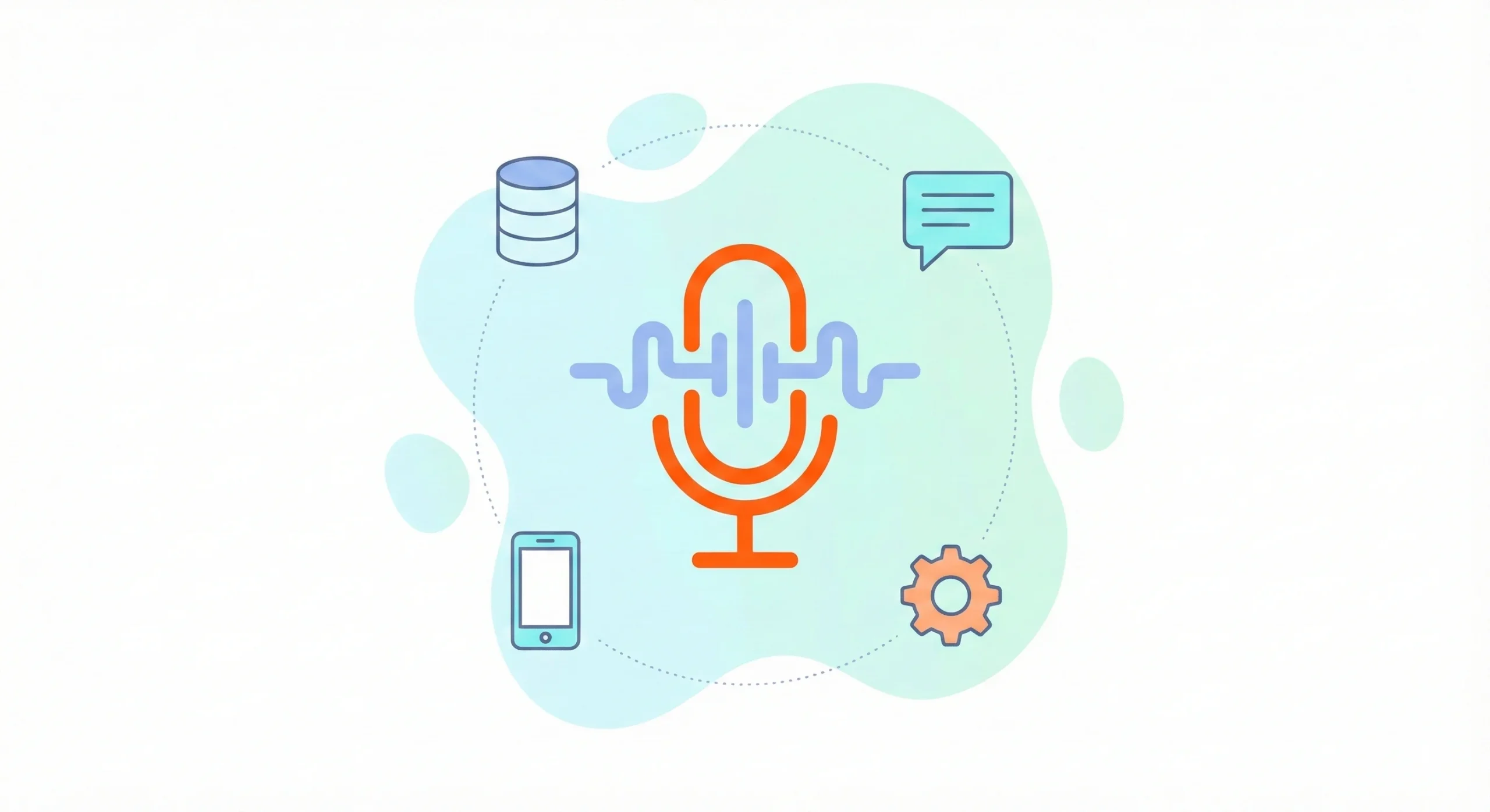 Modern vector illustration representing speech recognition software development, featuring a central microphone and sound wave icon connected to database, mobile, and chat icons to show system integration.