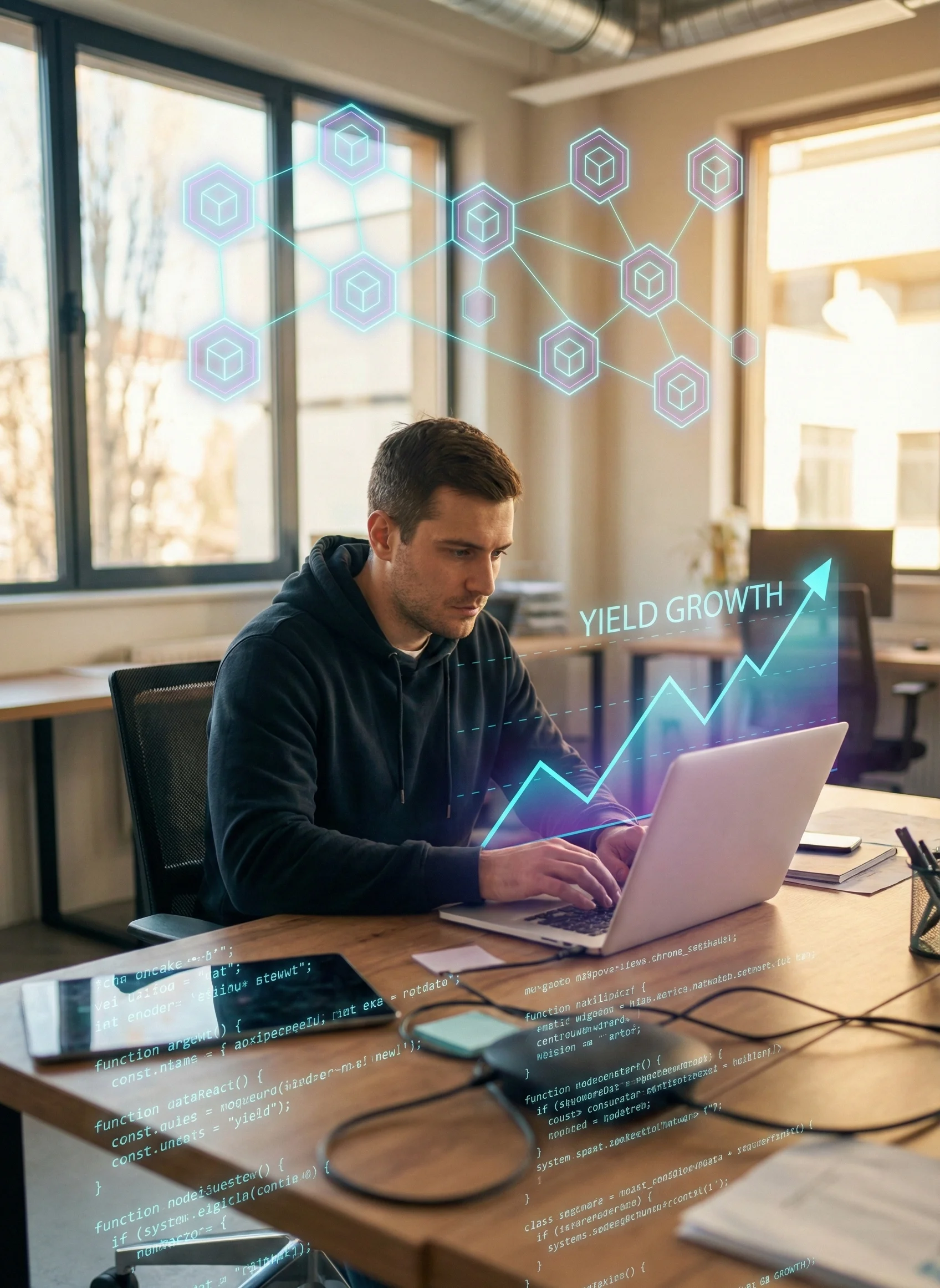 Software engineer working on a laptop with holographic overlays showing blockchain networks and yield growth charts, representing DeFi staking platform development.