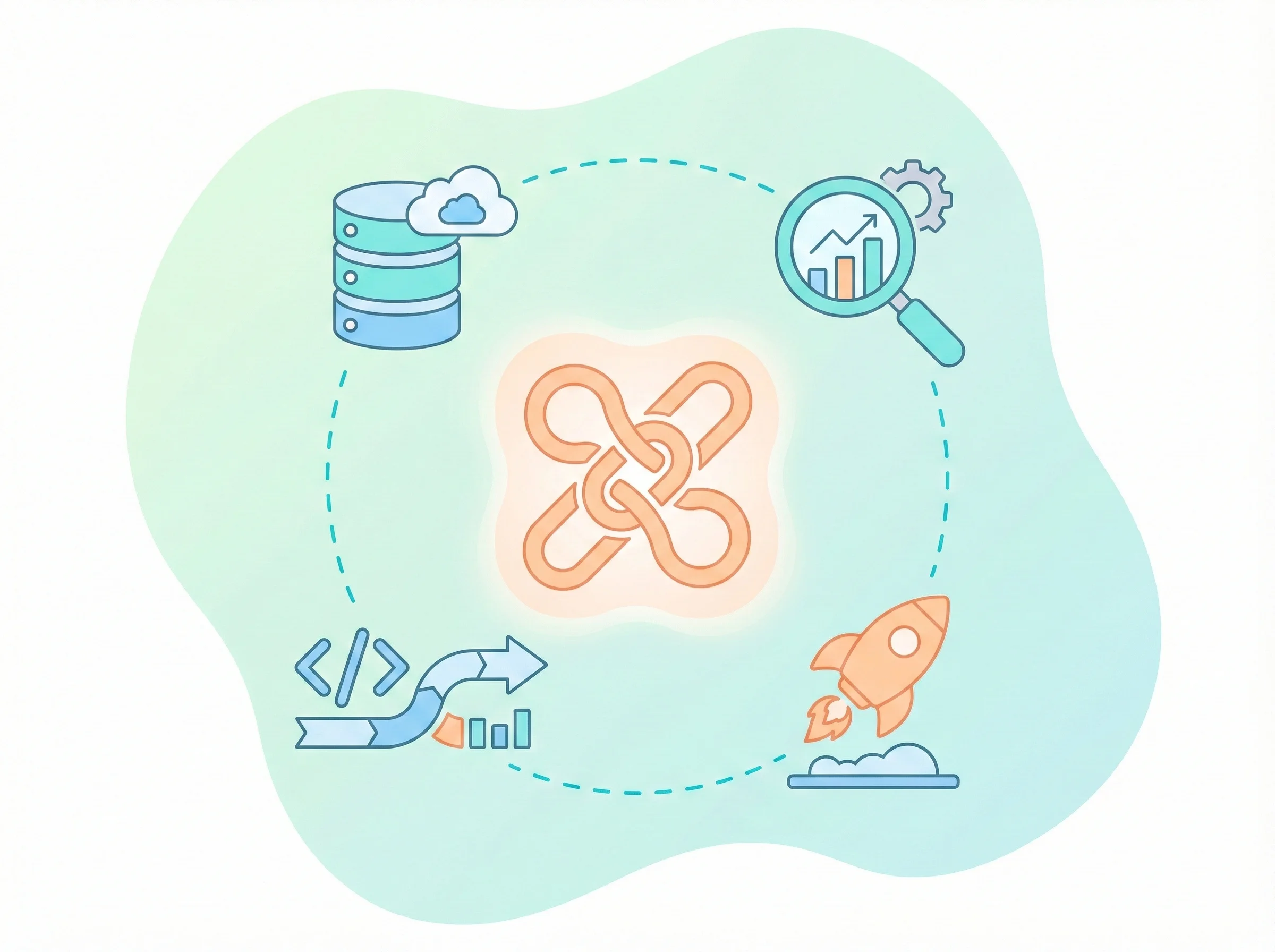 A flat vector illustration representing the complete lifecycle provided by a DevOps Consulting Service. An orange central hub is connected by dashed lines to four revolving icons: cloud infrastructure with databases (top left), monitoring and analytics with a magnifying glass and chart (top right), a CI/CD pipeline with code brackets (bottom left), and a rocket for deployment (bottom right), set against a soft pastel background.