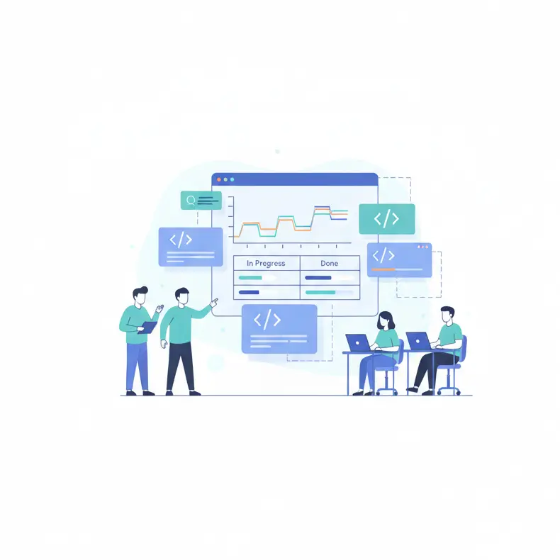 Flat vector of developers and in-house staff collaborating over a dashboard.