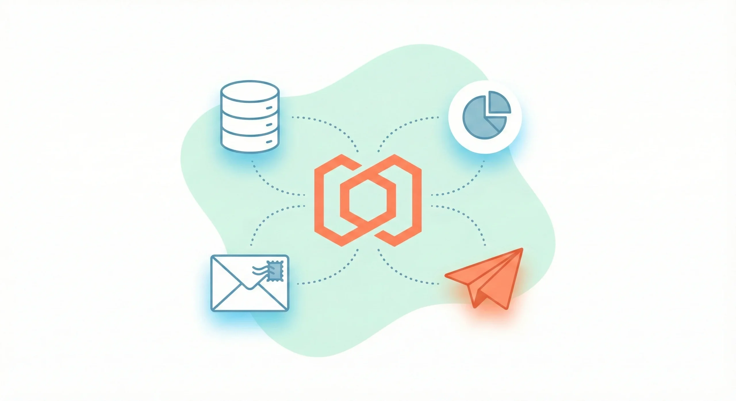 Vector illustration of an enterprise AI chatbot connected to a database, security shield, and analytics glass, representing secure custom AI solutions.