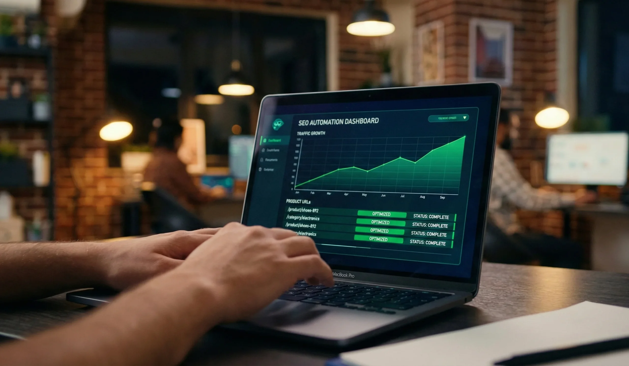 Laptop screen showing enterprise SEO automation dashboard with organic traffic growth charts and bulk content updates