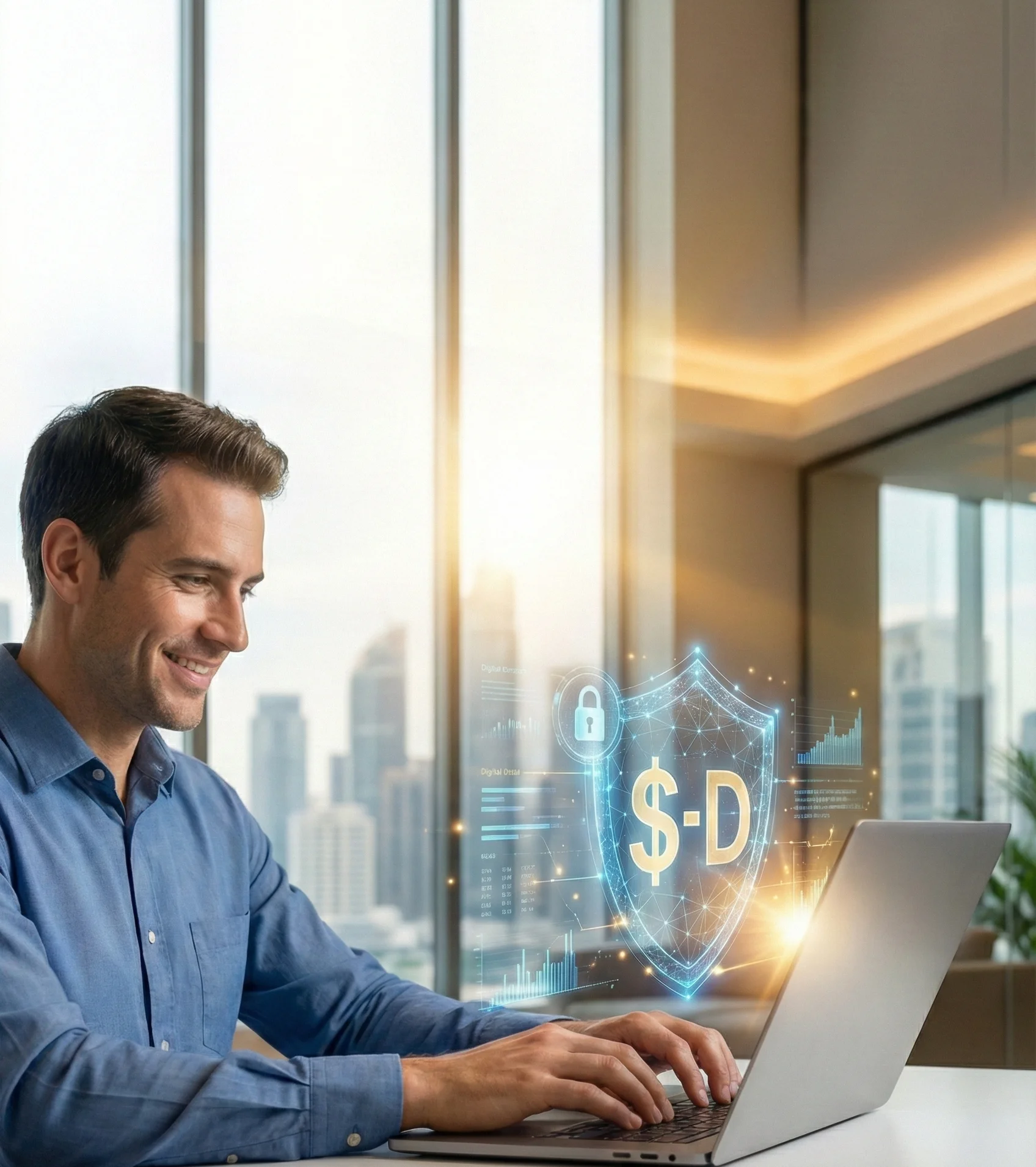 Vertical photo of a financial professional managing digital assets with a holographic secure stablecoin overlay and city skyline background.