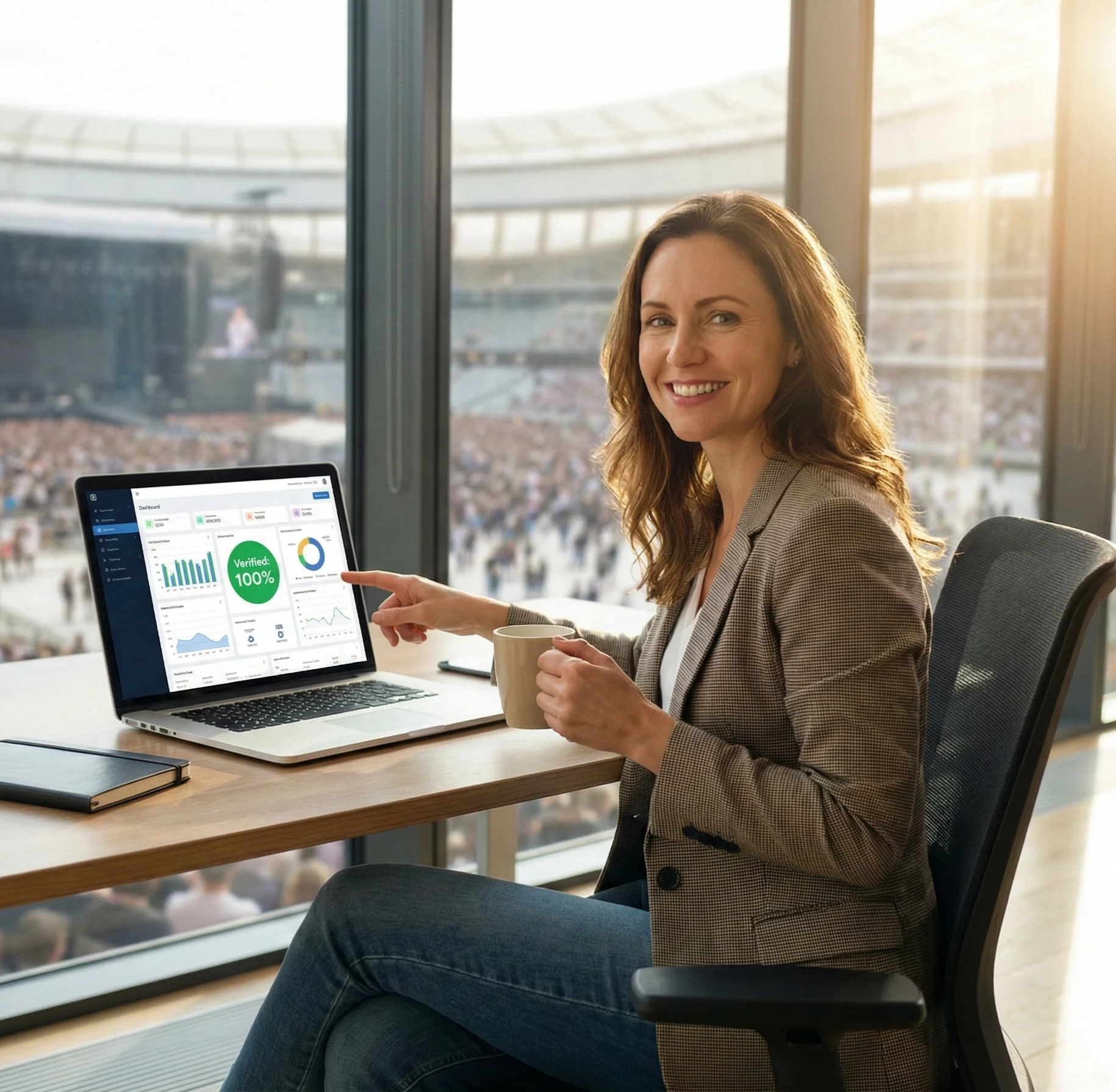 A professional event organizer in a modern office overlooking a stadium, using a dashboard created by an NFT ticketing marketplace development company to verify attendees in real-time.