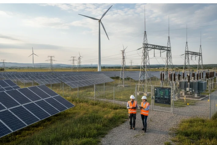 Engineers in safety gear inspecting a site featuring solar panels, wind turbines, and electrical grid infrastructure.