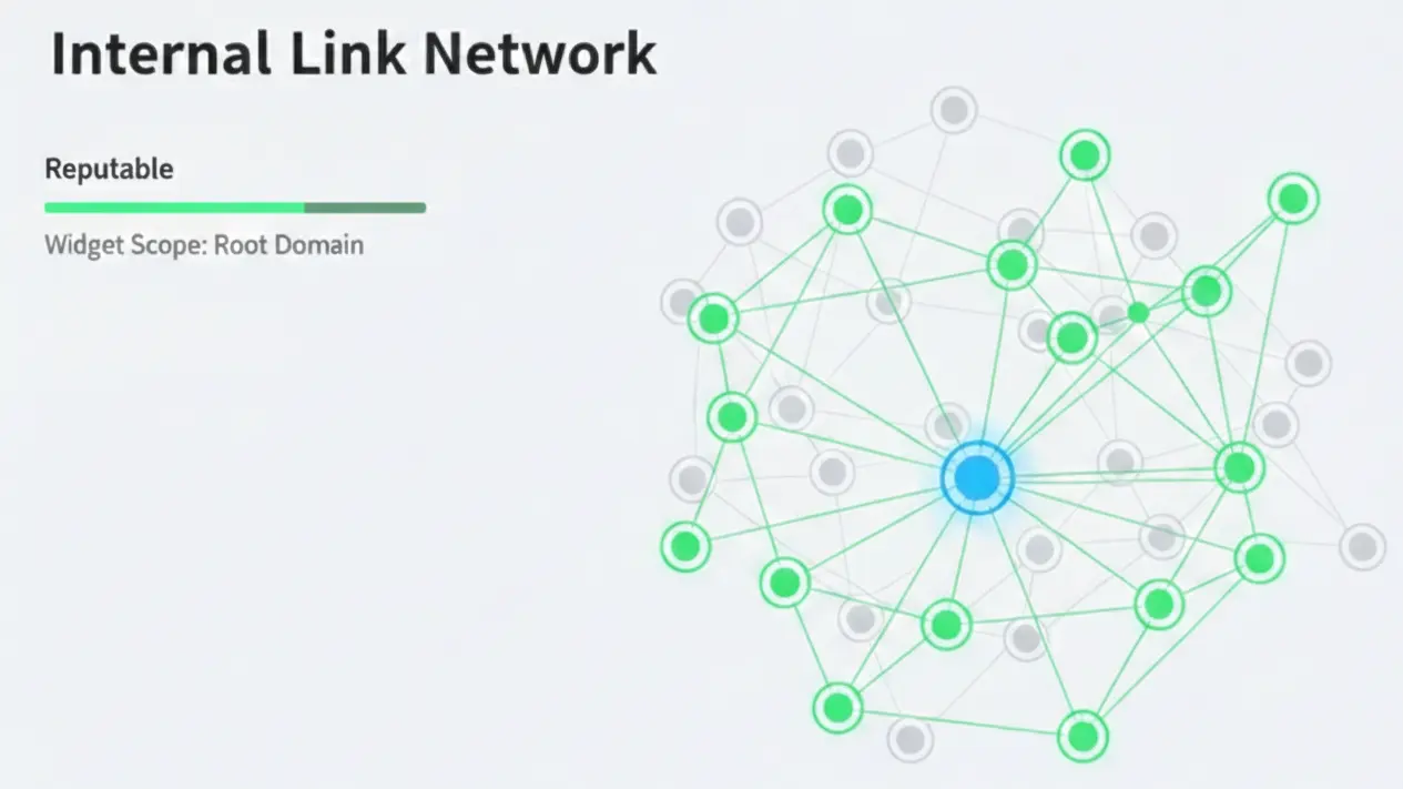 A clean, white-theme UI panel titled "Internal Link Network" featuring a data visualization graph with a central bright blue node connected to a web of smaller green and grey nodes
