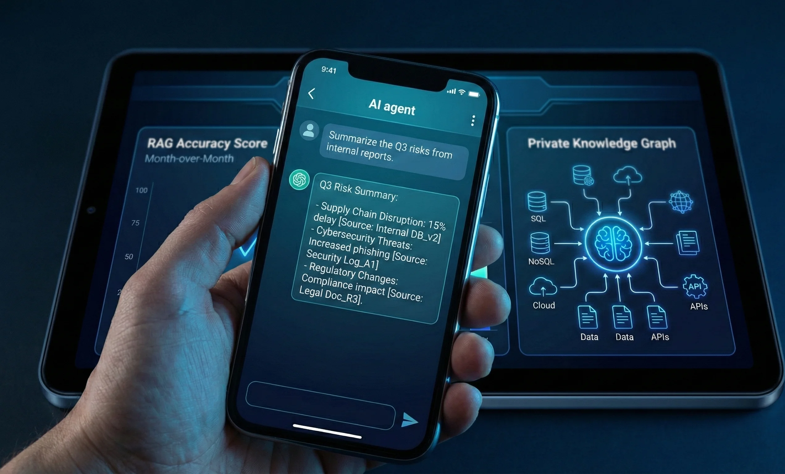 Close-up of a smartphone interface demonstrating LLM integration services in action, showing a user asking an AI agent to summarize internal Q3 risk reports and receiving an instant answer with data citations from internal databases.