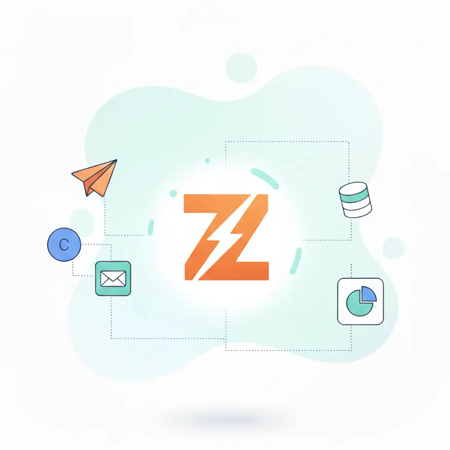 Illustration of clean, modern workflow diagrams and app icons floating on a white background, representing Zapier automation.