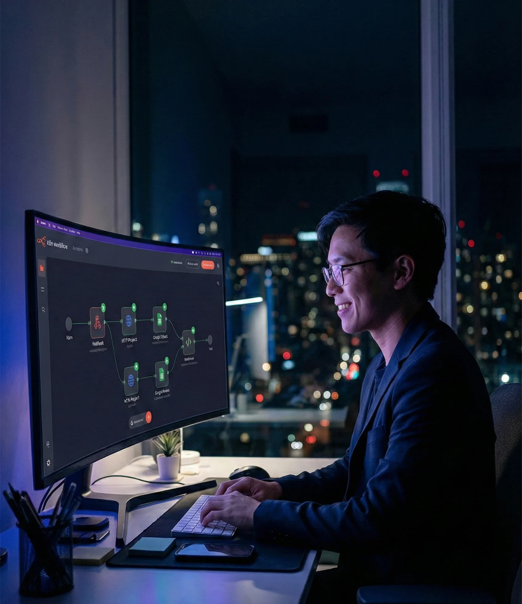 A focused n8n automation expert monitoring a complex workflow on a curved screen, demonstrating custom n8n implementation and real-time data processing in a modern high-tech office.