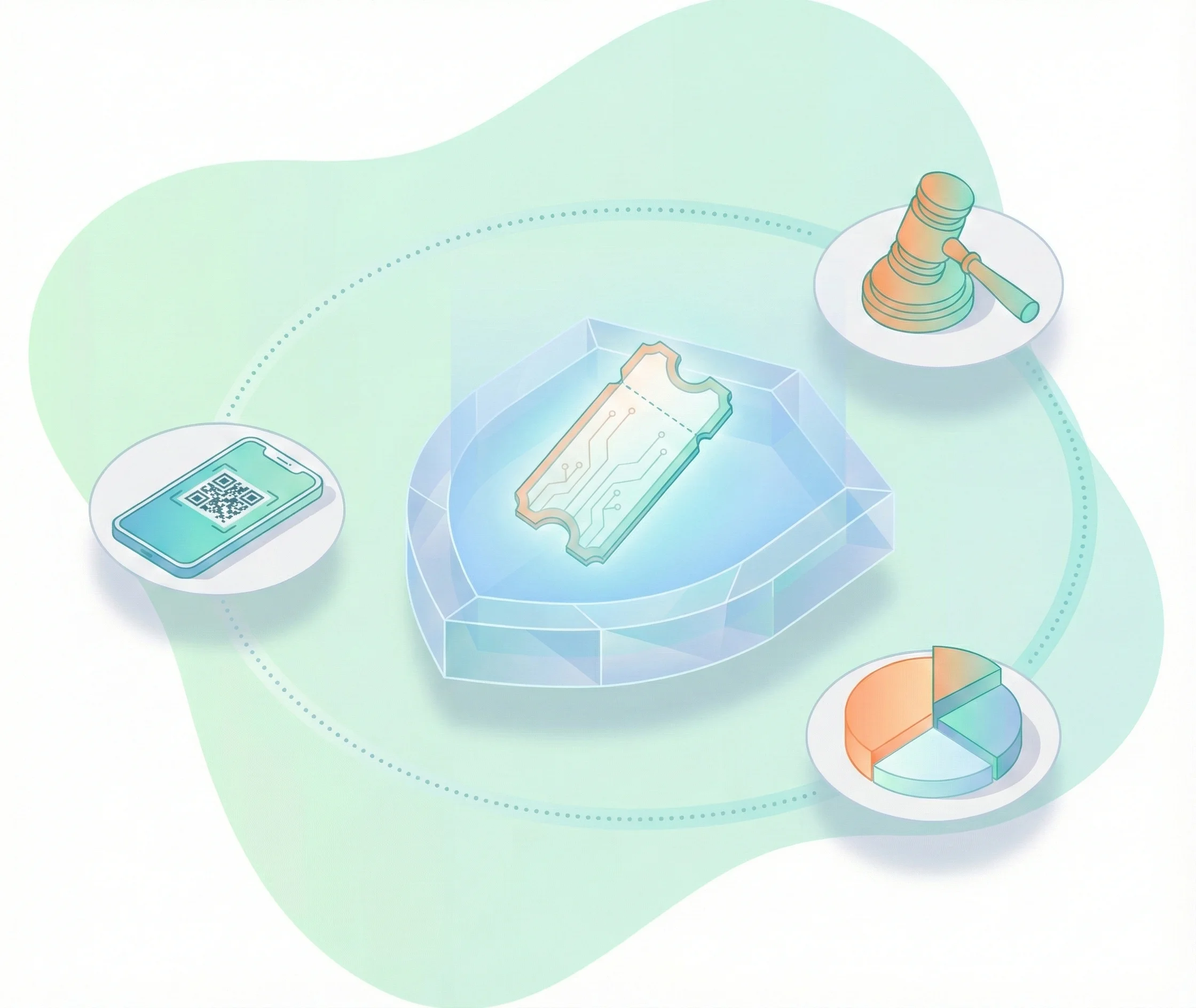 A vector illustration representing an NFT ticketing marketplace development company's backend structure, connecting blockchain technology with database storage, royalty analytics, and digital ticket delivery.