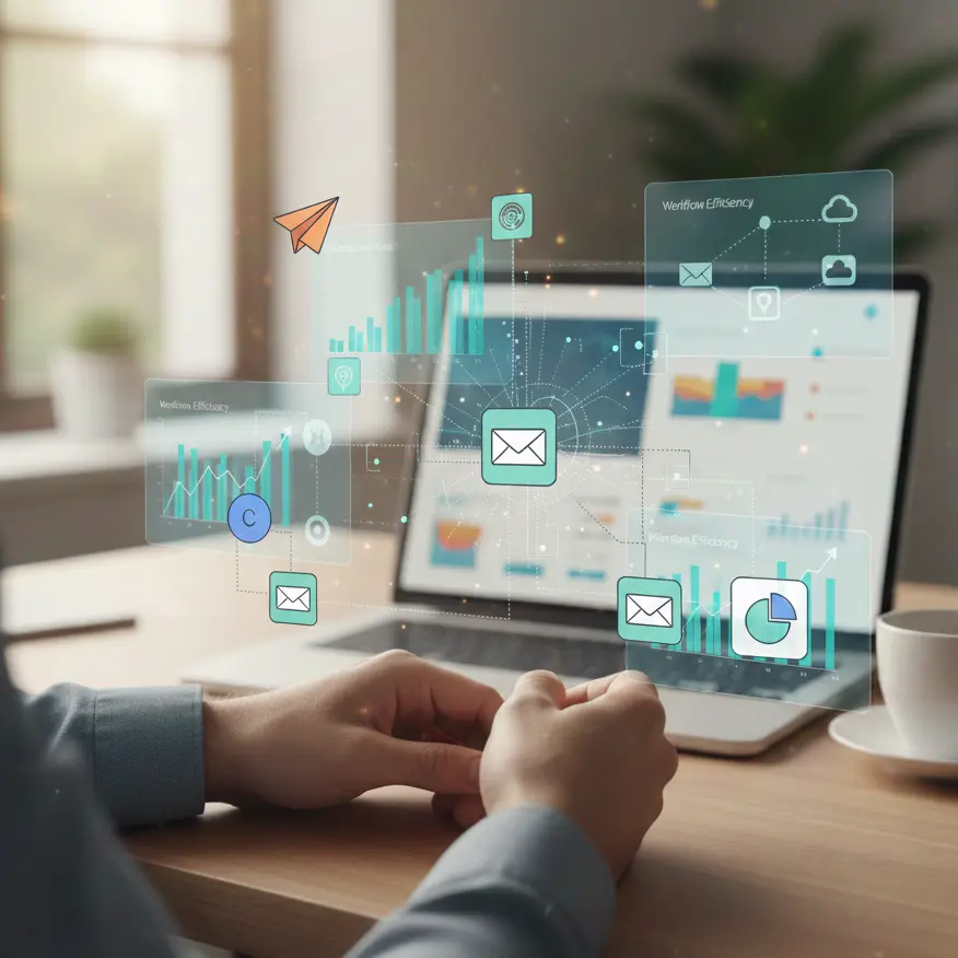 Photorealistic image of a professional at a desk with automation dashboards and workflow analytics floating in the air.