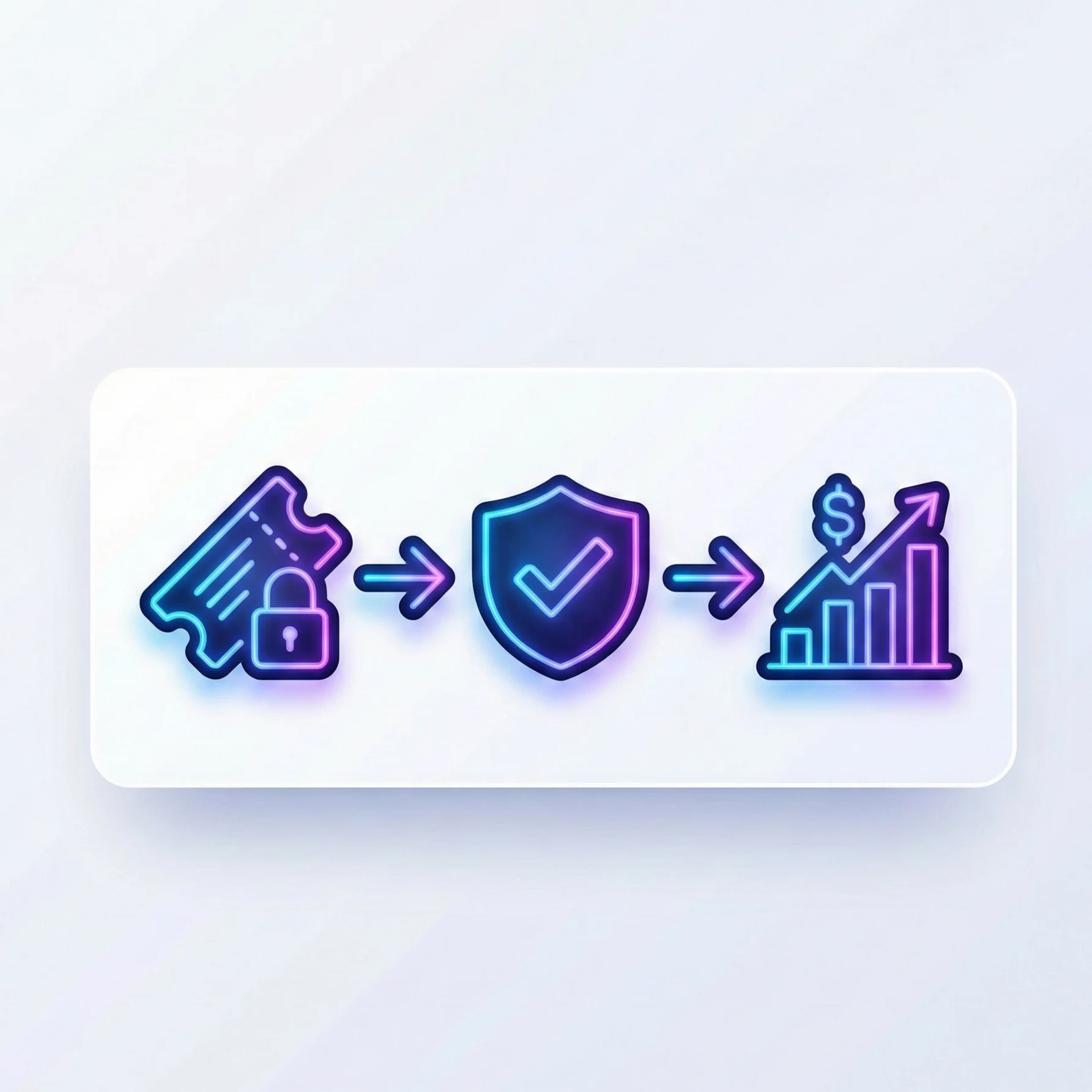 A minimalist UI illustration showing the three-step value of blockchain ticketing: encrypted security, verified access control, and automated royalty revenue growth.