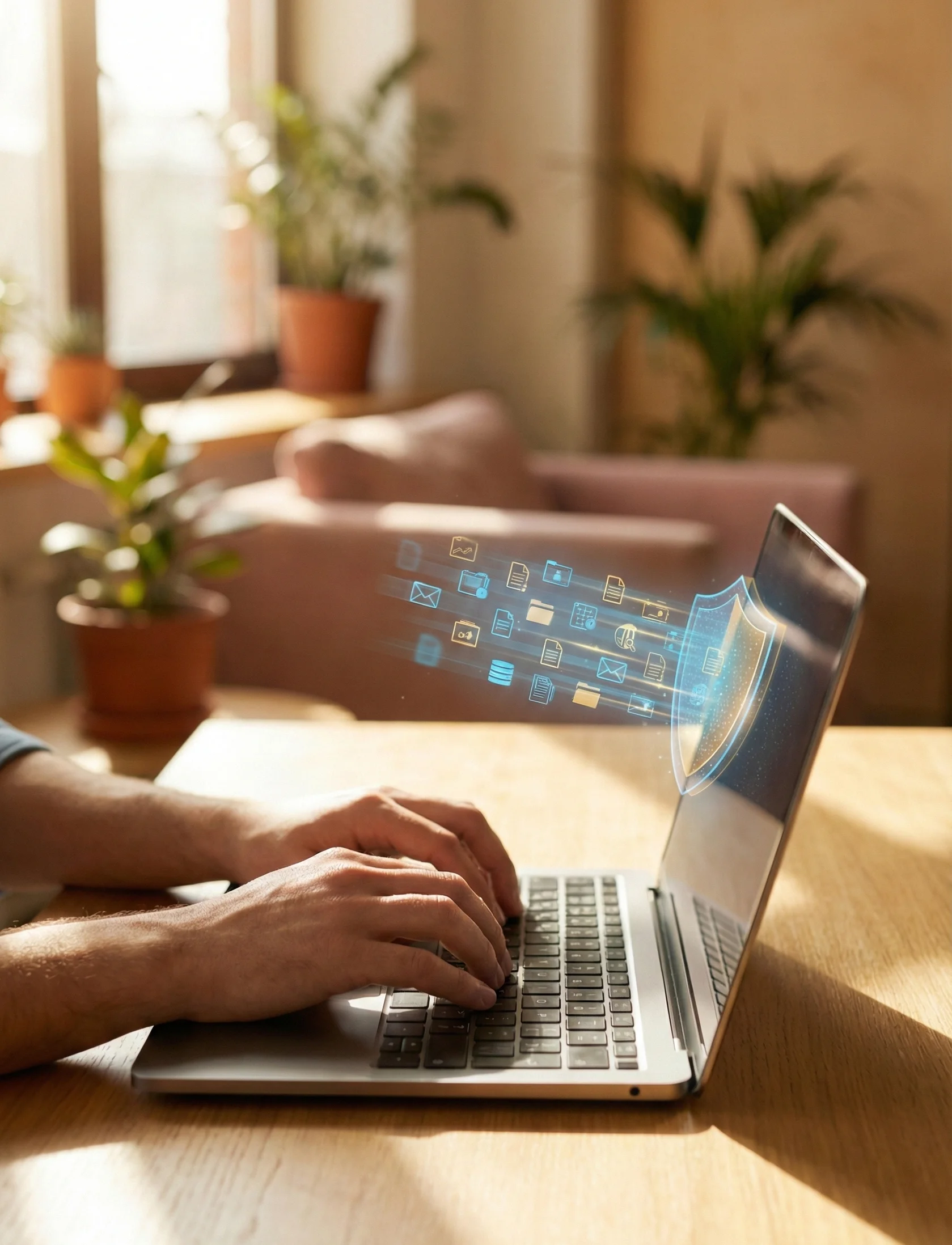 A vertical, realistic close-up shot of a person's hands typing on a laptop in a sunlit, warm-toned office. Floating slightly above the screen is a subtle holographic visualization of a data stream being filtered through a shield, symbolizing security and monitoring, set against a blurred background.