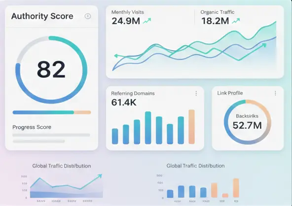 SEO analytics dashboard with authority score and charts.