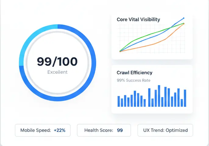 Minimalist SEO dashboard showing a 99/100 health score, performance graphs, and positive mobile speed metrics.