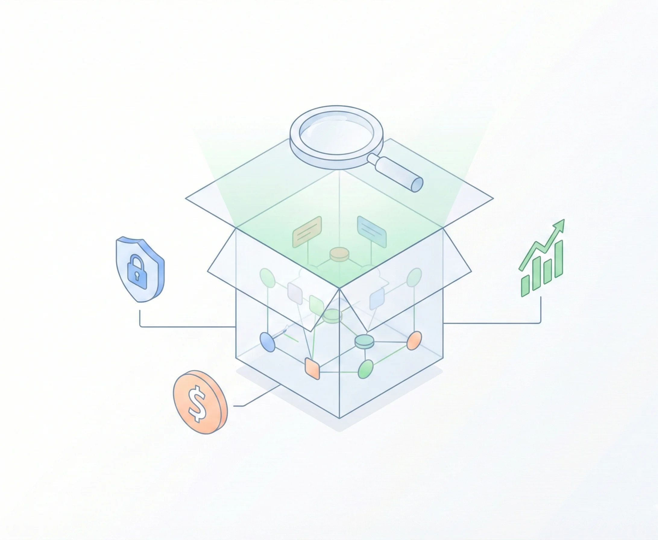 A flat vector illustration on a white background symbolizing AI transparency. An open, isometric glass box reveals glowing data nodes inside, with a magnifying glass hovering nearby. Connected floating icons depict a shield for security, a dollar sign for cost, and a graph for performance, all rendered in soft pastel greens, blues, and oranges.