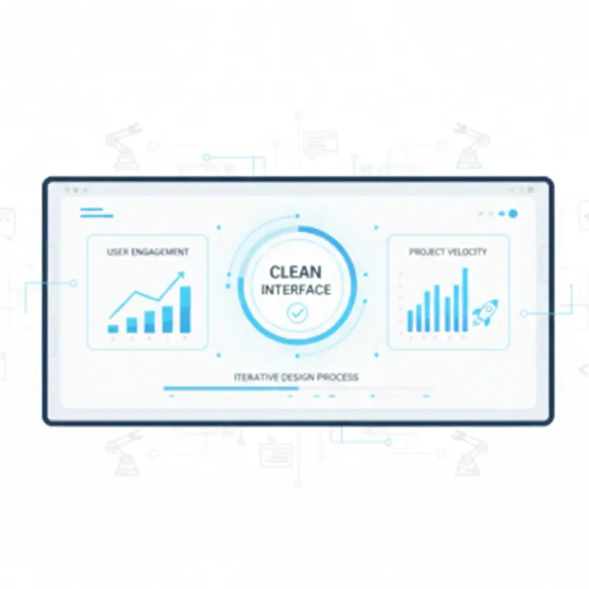 Illustration of a modern UI/UX design and development dashboard showing product success metrics, clear interfaces, tested user flows, and scalable UI/UX engineering for startups and enterprises.