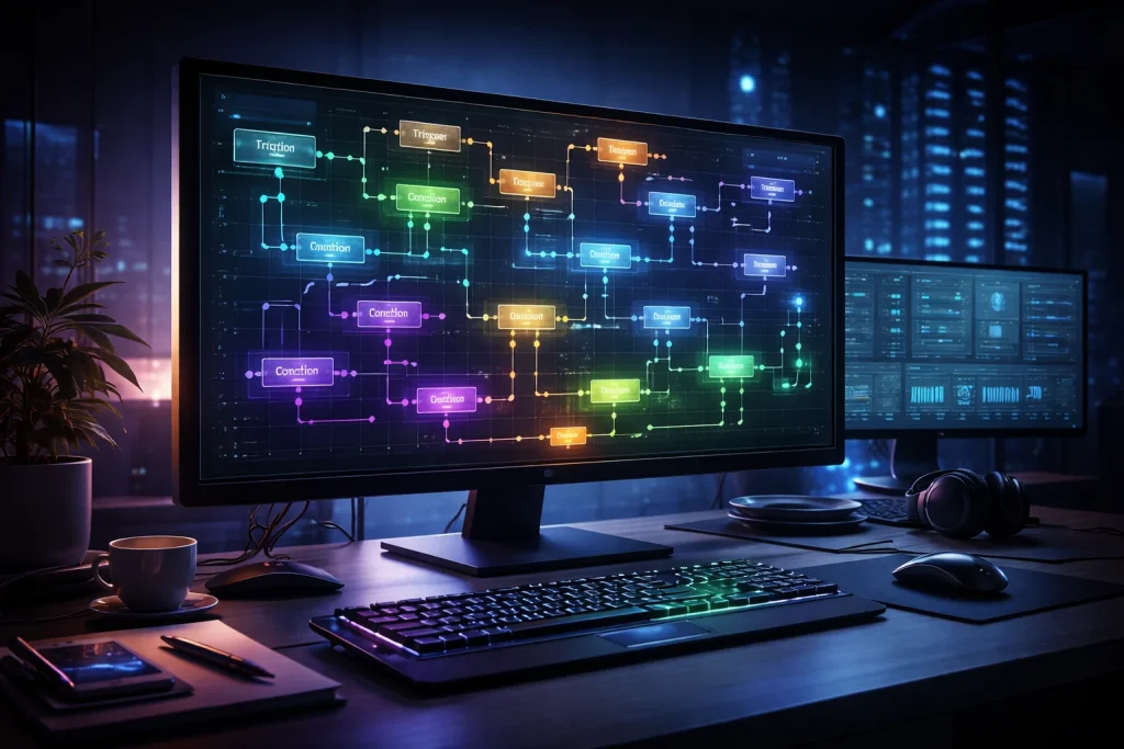 Wide-angle 3D illustration of a high-end developer workspace with a large desktop monitor displaying a complex node-based automation diagram. The screen shows multiple colorful nodes and branching connection lines forming an intricate workflow. The room is dimly lit with cool blue and purple lighting, featuring a keyboard, mouse, headphones, and secondary monitor, conveying power, control, and technical sophistication.