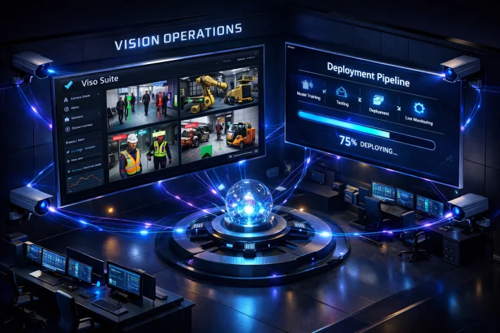 High-end 3D isometric render of a dark-mode enterprise “Vision Operations” control room with cinematic blue and purple lighting. A large floating screen displays the Viso Suite dashboard with multiple live video tiles showing bounding boxes around people, industrial machinery, forklifts, and safety gear. A second screen shows a “Deployment Pipeline” progress bar at 75% with stages like model training, testing, deployment, and live monitoring. Glowing data threads connect wall-mounted cameras to a central illuminated hub, surrounded by sleek workstations and monitors in a futuristic operations center.