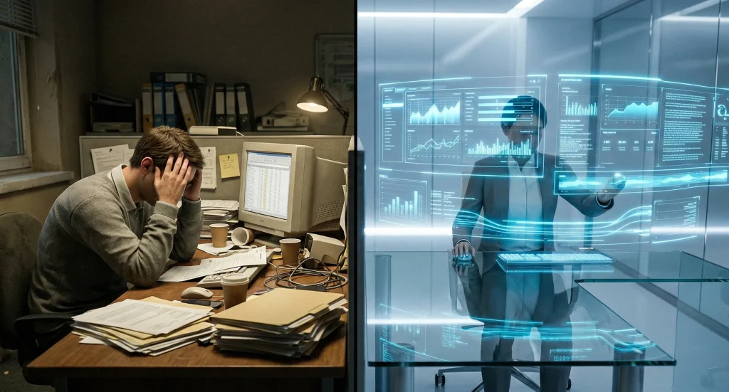 A split-screen comparison of a worker struggling with manual tasks at a cluttered desk versus a streamlined digital workspace powered by Workflow Automation and RPA.