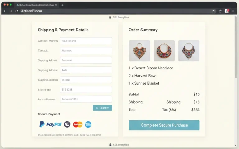 A clean checkout page mockup for ArtisanBloom. The left side shows a 'Shipping & Payment Details' form with PayPal and credit card icons. The right side features an 'Order Summary' with thumbnail images of jewelry and a total price breakdown.