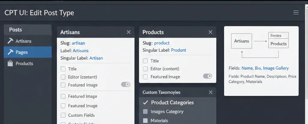 A UI mockup showing how Artisans and Products are structured in WordPress, with a small diagram illustrating the relationship between the two data sets and their specific metadata fields.