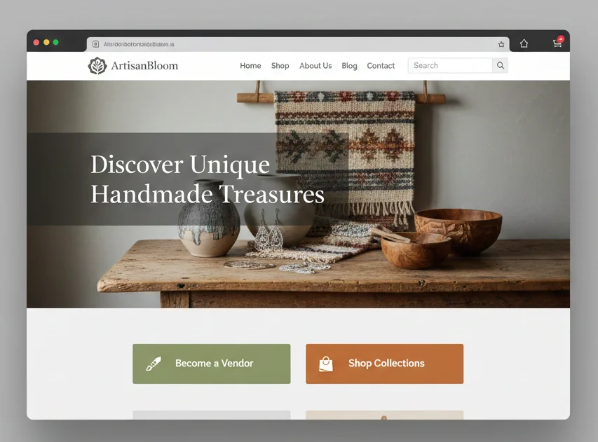 A clean, modern website mockup for ArtisanBloom featuring a hero image of handcrafted pottery and textiles with the headline "Discover Unique Handmade Treasures" and call-to-action buttons for vendors and shoppers.