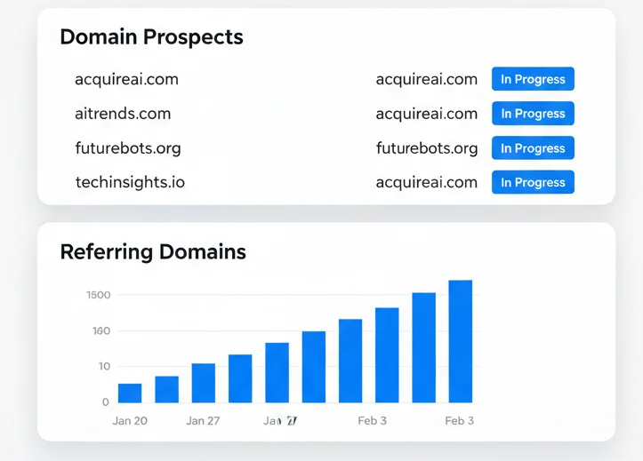 Two stacked, floating 2D interface panels on a white background with soft shadows. The top panel, "Domain Prospects," lists URLs with blue "In Progress" status buttons. The bottom panel, "Referring Domains," displays a blue bar chart showing a steady upward trend in domain growth from January to February.