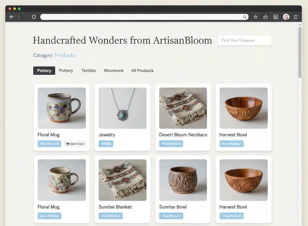 A WordPress website mockup for ArtisanBloom featuring a clean product grid of handmade goods like pottery, jewelry, and textiles. Each item is displayed on a light-colored card with a 'View Product' button and price tag