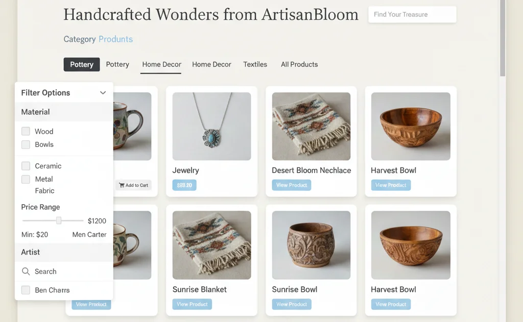 A website mockup for ArtisanBloom showing a product grid with an expanded sidebar filter menu. Filters include 'Material' with checkboxes for wood and ceramic, a 'Price Range' slider, and an 'Artist' search bar