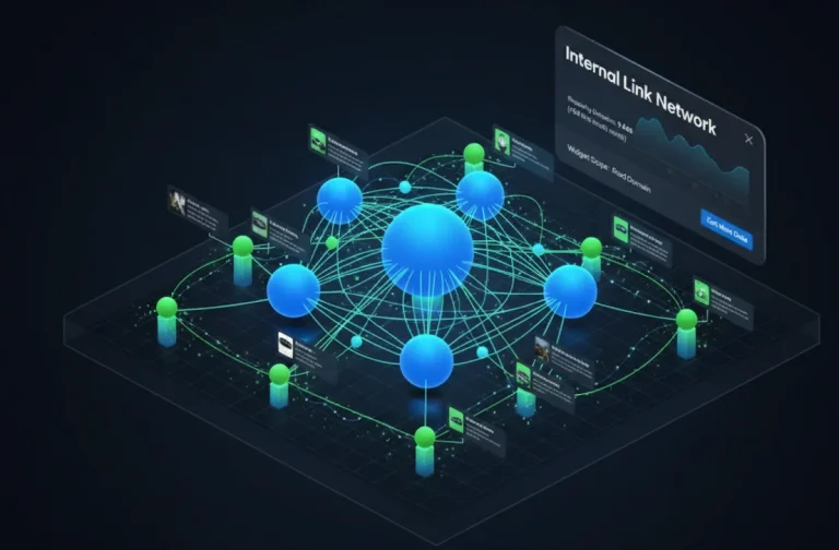 A 3D isometric visualization of an internal link network, featuring glowing blue nodes representing core automotive service pages connected by a web of green data points, with a floating "Internal Link Network" analytics widget in the background.