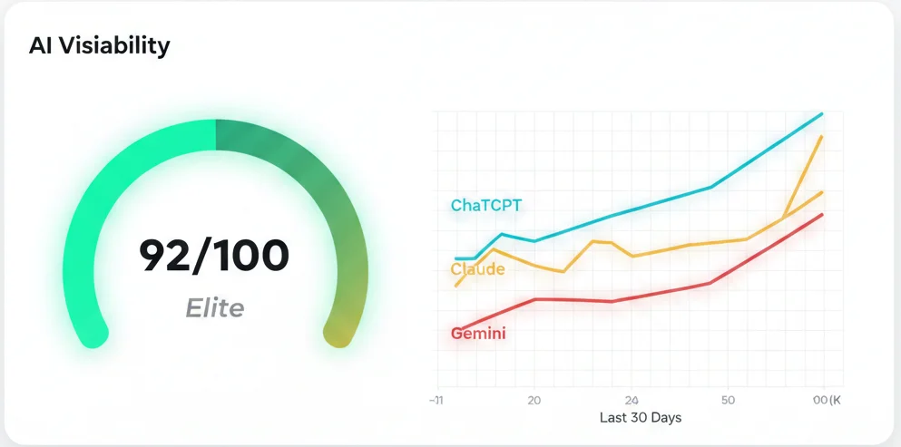 A clean, minimalist software interface card titled "AI Visibility." On the left, an emerald green semi-circle gauge points to a score of "92/100" labeled "Elite." On the right, a multi-colored line graph compares brand mentions across ChatGPT, Claude, and Gemini over the last 30 days.
