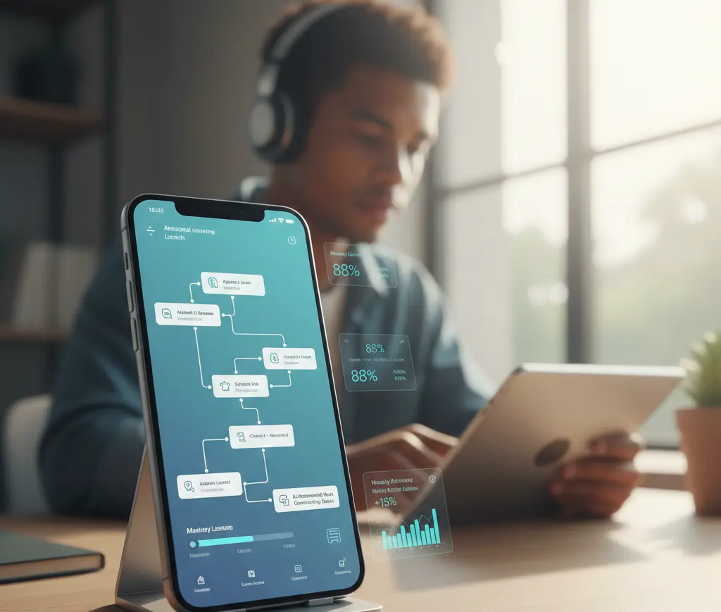 A smartphone on a desk stand showing a teal flowchart-style learning journey, with a student working on a tablet in the background.