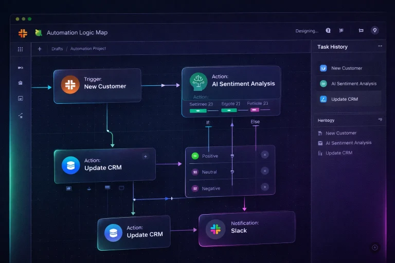 Close-up of a dark-mode automation logic map in a professional design suite, showing interconnected node cards labeled “Trigger: New Customer,” “Action: AI Sentiment Analysis,” “Action: Update CRM,” and “Notification: Slack,” with small icons, structured layout grids, and a visible task history panel.