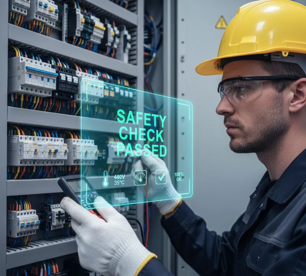 A close-up 16:9 shot of a technician in a yellow hard hat and safety glasses working on a complex electrical panel. A transparent digital AR overlay floats in front of the panel, displaying a "Safety Check Passed" status along with real-time data icons like voltage and temperature.